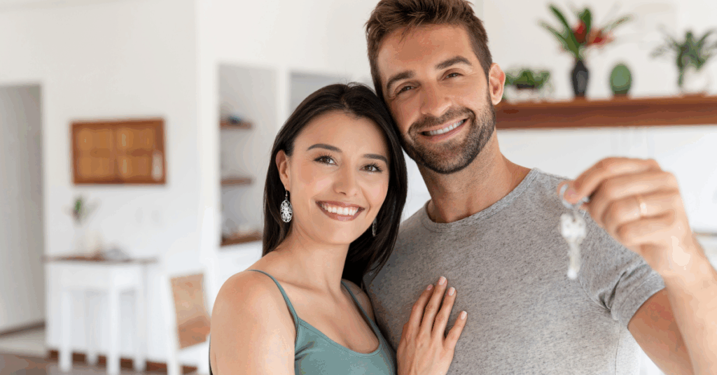 couple holding keys to their first home