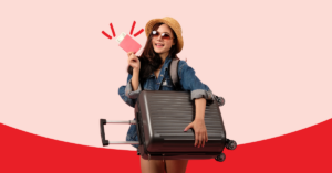 a young women in sunglasses and a sun hat, holding her passport, money and luggage excited to use her home equity to take a vacation | Honor Credit Union