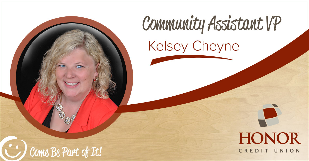 A headshot photo of Kelsey Cheyne with her new title at Honor - Community Assistant VP.