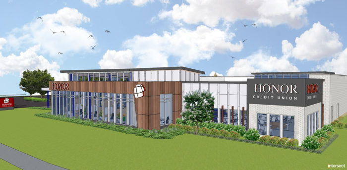artist rendering of the exterior of the new honor credit union stadium drive member center