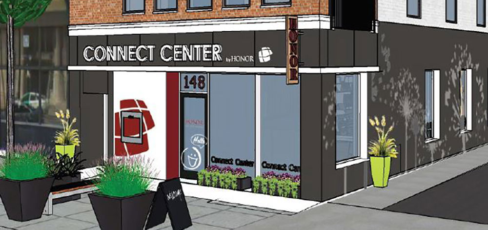 a rendering of the outside of honor credit union's downtown kalamazoo connect center location