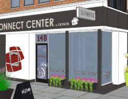 architect rendering image of what Connect Center will look like from a street-view | Honor Credit Union