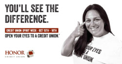 open your eyes to a credit union; photo of honor credit union team member pointing to her eyes | Honor Credit Union