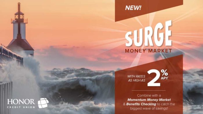 earn up to 2.00% APY with a surge money market at honor credit union
