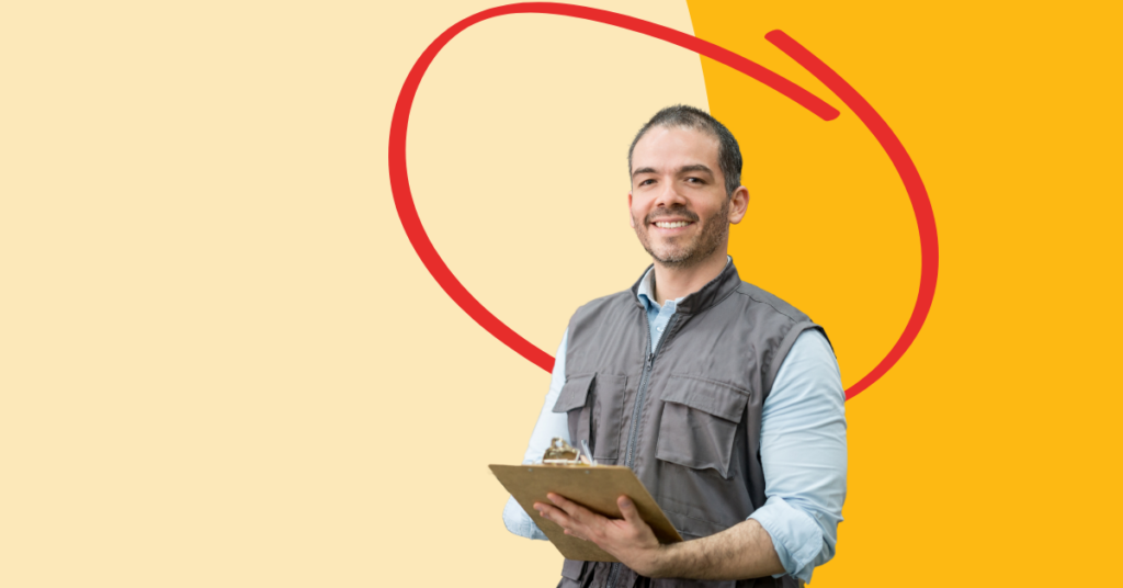 business owner holding a clipboard smiling