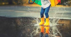 honor credit union youth savings accounts; photo of child wearing boots jumping in rain puddle | Honor Credit Union
