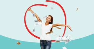 young women with her hands in the arm smiling with joy while money floats around her | Honor Credit Union