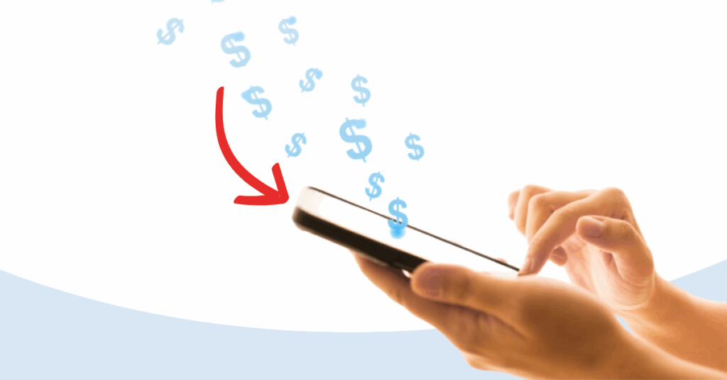 hands holding a phone with blue money symbols floating out of, securely paying someone with the Honor