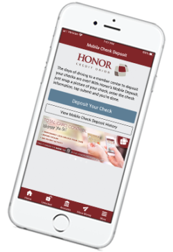 a smart phone with a screenshot of mobile check deposit within honor credit union's mobile app