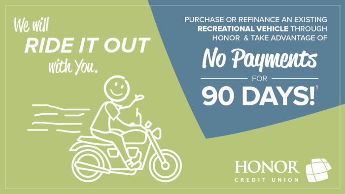 image of a stick figure person riding on a motorcycle with text promoting a special no payment offer from honor credit union
