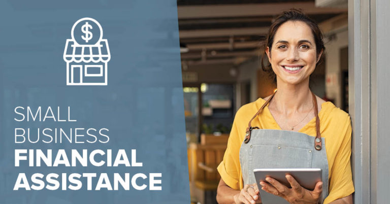 image of a small business owner standing in a doorway with text describing financial assistance available to honor credit union business members