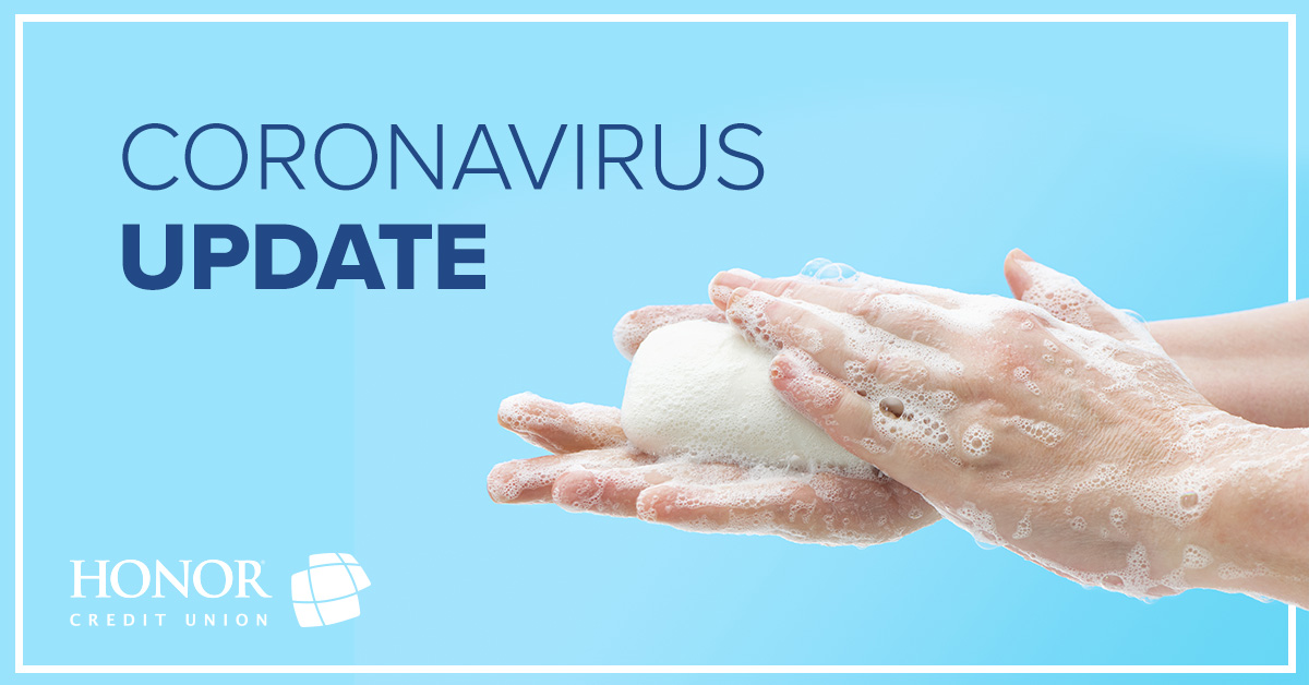 image of washing hands with a bar of soap with text explaining honor credit union has a coronavirus update for members