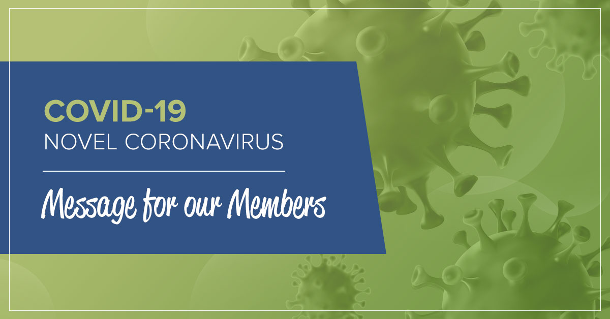 image of a microscopic germ with text that informs members about a message related to coronavirus
