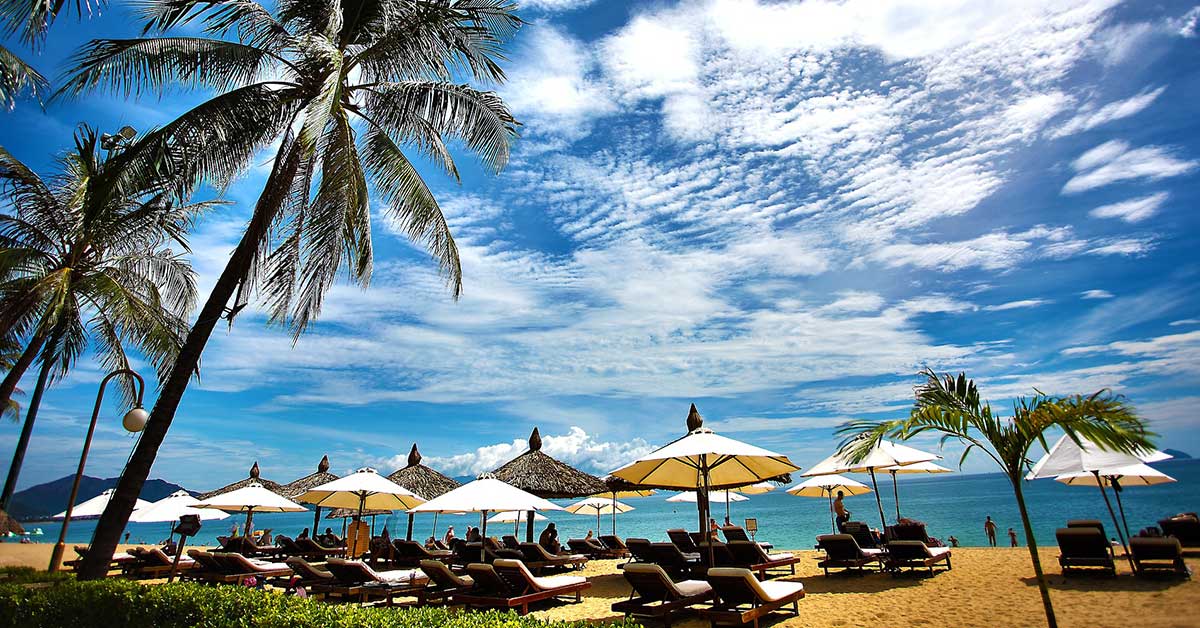 image of a beach on a sunny day lined with people sitting in chairs