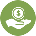 white icon of a hand holding a dollar sign on a green background