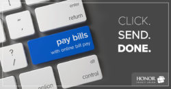 image of a keyboard with text that reads click send done | Honor Credit Union