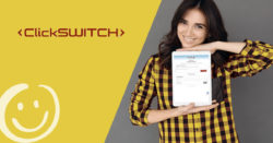 woman holding a tablet that is displaying a website page featuring clickswitch information | Honor Credit Union
