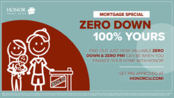 image of a stick figure family with text explaining a zero down payment mortgage promotion | Honor Credit Union