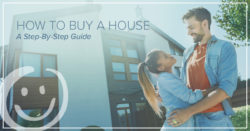 couple standing in front of a house they just bought with blog title text over image that reads how to buy a house: a step by step guide | Honor Credit Union