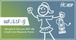 drawing of a stick figure person holding a vacuum cleaner with one hand and a mobile phone with the other hand with text on the image explaining how to redeem select rewards credit card points | Honor Credit Union