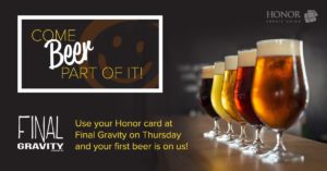 image of several glasses of beer in a row on a bar with text on the image promoting an event at final gravity brewing in kalamazoo | Honor Credit Union