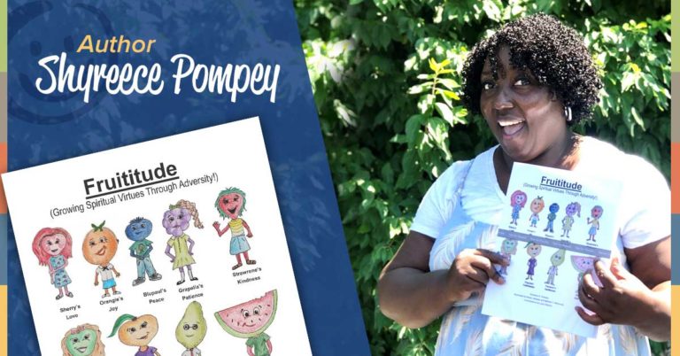 photo of author shyreece pompey holding a book while standing in front of green bushes