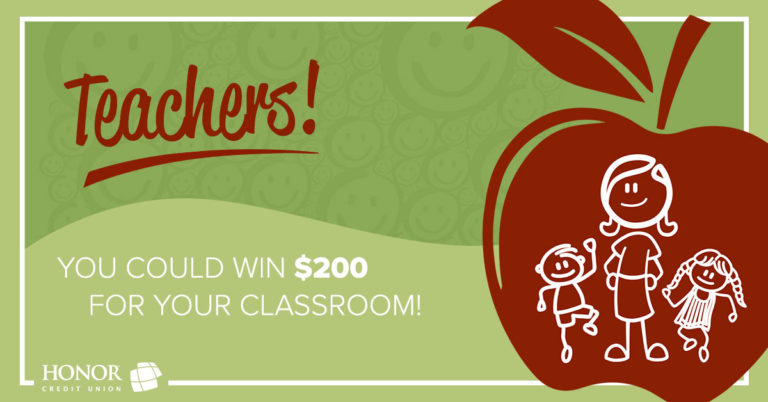 image of an stick figure teacher holding hands with students and text explaining honor credit union's teacher awards initiative