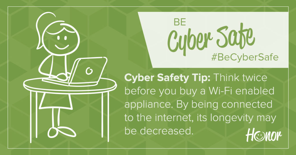 image of a stick figure person standing at a desk looking at a computer screen with text on green background describing a cyber security tip