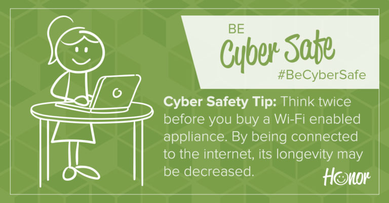 image of a stick figure person standing at a desk looking at a computer screen with text on green background describing a cyber security tip
