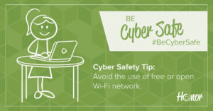 image of a stick figure standing at a desk looking at a laptop screen with text on the image promoting a blog post about cyber security | Honor Credit Union