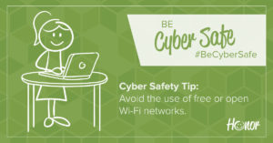 image of a stick figure woman standing at a table working on a laptop with text on image promoting cybersecurity tips | Honor Credit Union