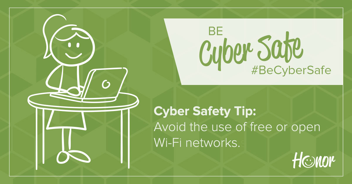 image of a stick figure woman standing at a table working on a laptop with text on image promoting cybersecurity tips