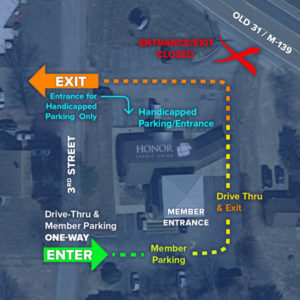 map of the berrien springs member center with arrows showing temporary entrance and exit locations | Honor Credit Union