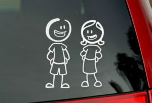 image of two stick figures stickers on a vehicle's rear windshield talking to each other | Honor Credit Union