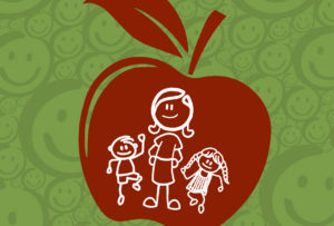 image of a stick figure teacher holding hands with stick figure students against a red background in the shape of an apple | Honor Credit Union