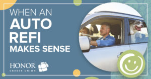 image with a blue background, a photo of a man driving a white vehicle on the right side and white text on the left side that promotes an auto refinance blog post | Honor Credit Union