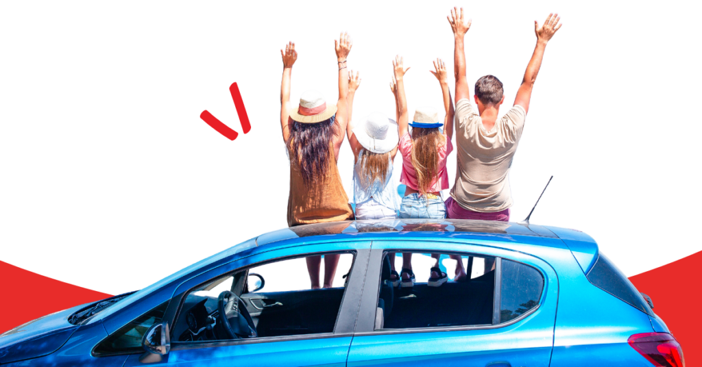 a family sitting with their backs to the camera, on the top of a car with their hands in the air excited about an auto refiance
