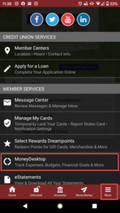 screenshot of the honor mobile app showing where to access moneydesktop from the More menu category