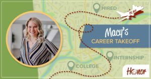 photo of honor credit union team member macy o'dell on a map background with text promoting a career takeoff blog | Honor Credit Union