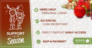 image of two drawn stick figure images on a red and green background with text on the image that promotes a support for the season financial relief package from honor credit union | Honor Credit Union