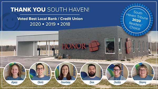 image promoting the honor credit union south haven member center being names best bank or credit union for the third year in a row