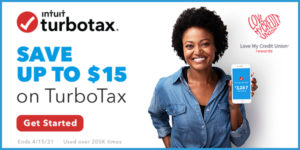 image of a woman holding a phone with text on the image promoting a discount for honor credit union members on turbotax | Honor Credit Union