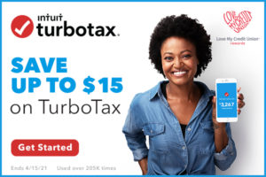 image of a woman holding a phone with text on the image promoting a discount for honor credit union members on turbotax | Honor Credit Union