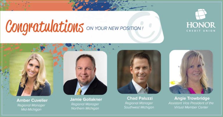image of honor credit union team members amber cuvelier, jamie gollakner, chad paluzzi, and angie trowbridge