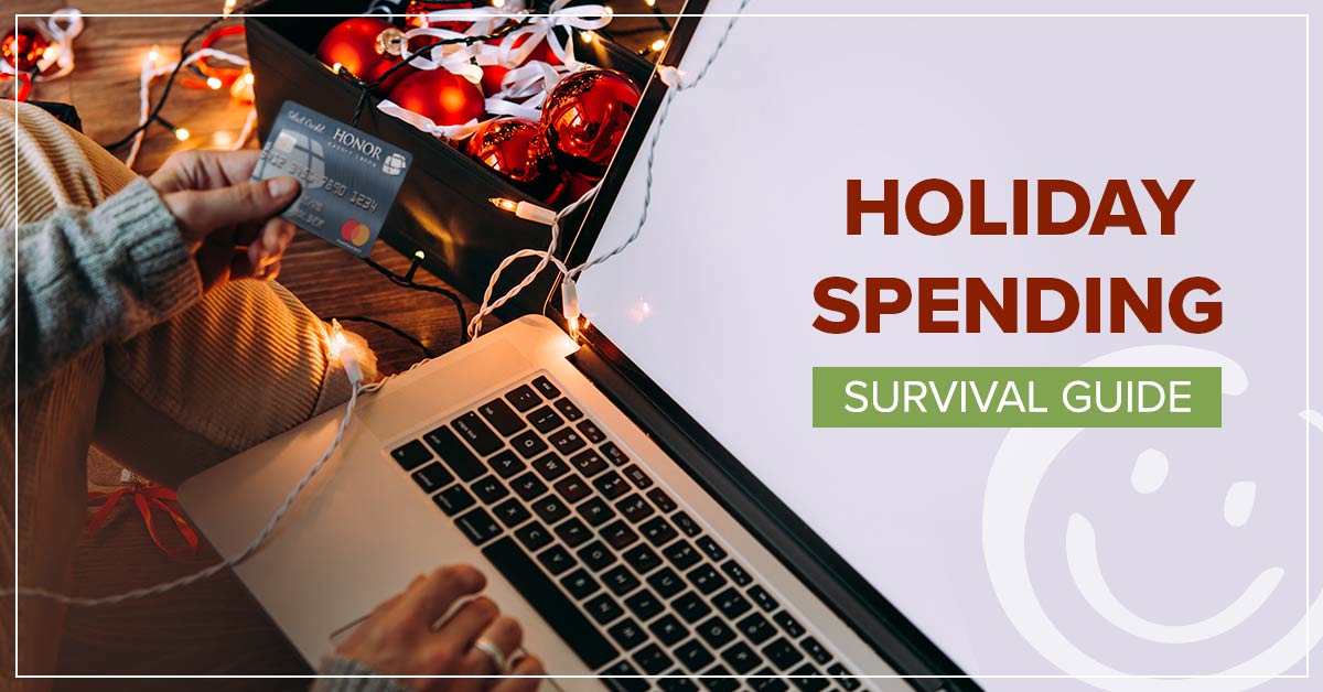 image of a person's hands holding a credit card next to a laptop with text on the image that reads holiday spending survival guide