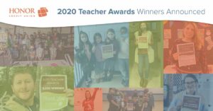 image featuring several 2020 honor credit union teacher award winners in a collage with text on the image that reads 2020 Teacher Awards Winners Announced | Honor Credit Union