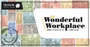 image with a background collage of various honor credit union workers and text on the image that promotes wonderful workplace 2020 | Honor Credit Union