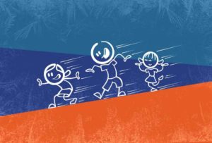 image of three stick figures sliding down a hill on a blue and orange background | Honor Credit Union