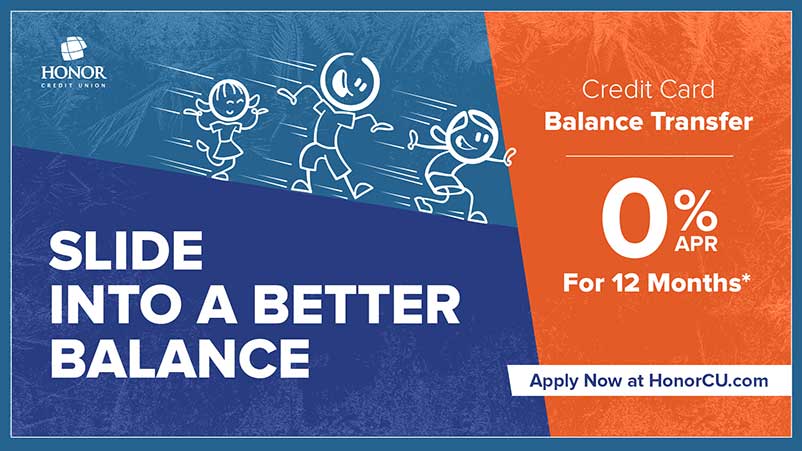 image of stick figures on a blue background with text on the image promoting a zero percent credit card balance transfer offer from honor credit union