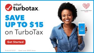 image of a woman holding a phone with text on the image promoting a discount for honor credit union members on turbotax | Honor Credit Union